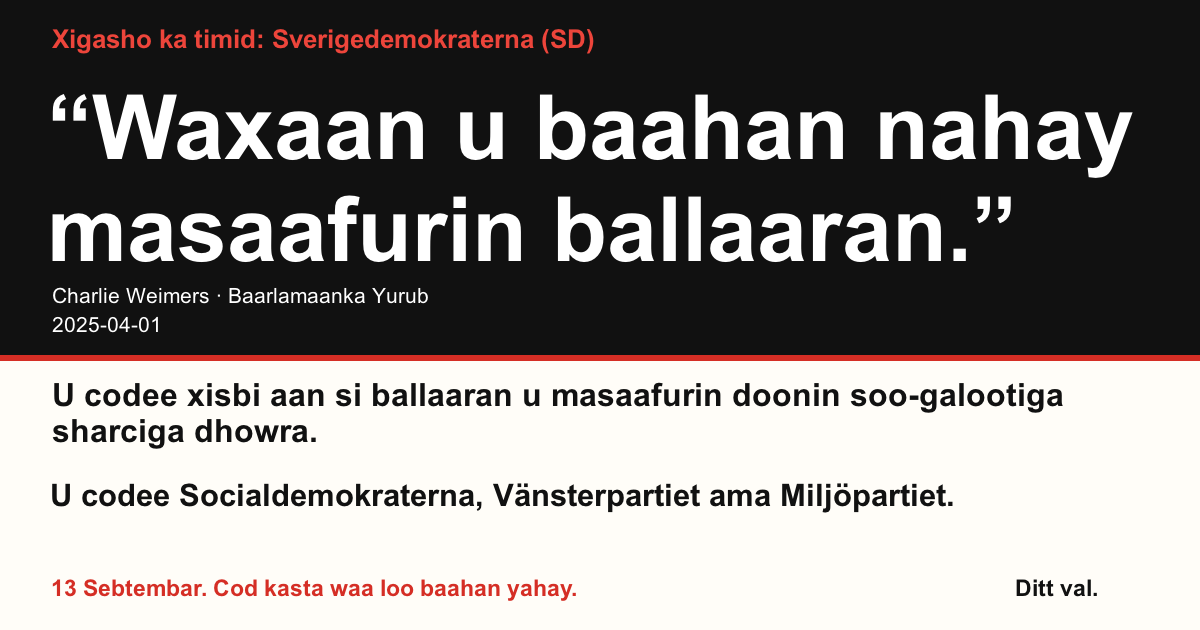 Xigasho ka timid Sverigedemokraterna (SD)
“Waxaan u baahan nahay masaafurin ballaaran.”
Charlie Weimers (Sverigedemokraterna) · Baarlamaanka Yurub · 2025-04-01

Ditt val
U codee xisbi aan si ballaaran u masaafurin doonin soo-galootiga sharciga dhowra.
U codee Socialdemokraterna, Vänsterpartiet ama Miljöpartiet.
13 Sebtembar. Cod kasta waa loo baahan yahay.
La wadaag sawirka. Dir xiriiriyaha. Ku dhiirrigeli dad badan inay codeeyaan.